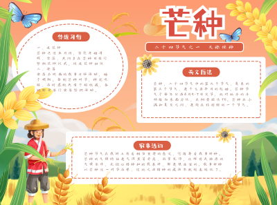 芒种传统节气习俗橙色手绘风手抄报 模板ID:34763