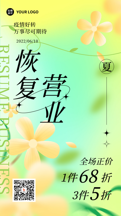 恢复营业优惠福利活动手机海报 模板ID:34456