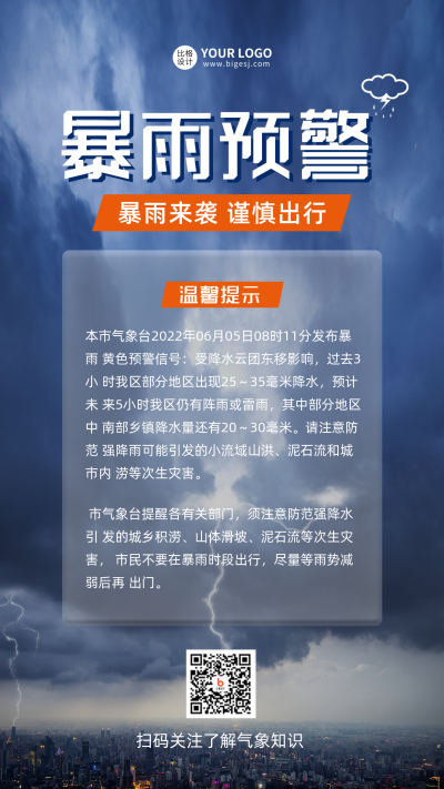 暴雨预警雷雨闪电手机海报 模板ID：34936