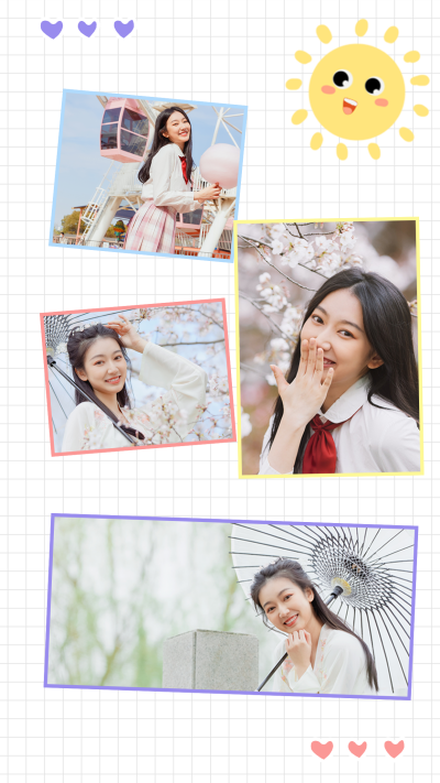 手绘太阳可爱美少女出行晒照拼图 模板ID:37636