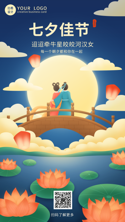 唯美夜空牛郎织女七夕节手机海报 模板ID：37629
