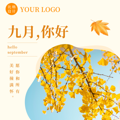 秋天银杏九月你好日签方形海报 模板ID：38078