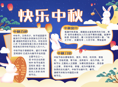 中秋节蓝色手绘国潮风可爱手抄报 模板ID:38628