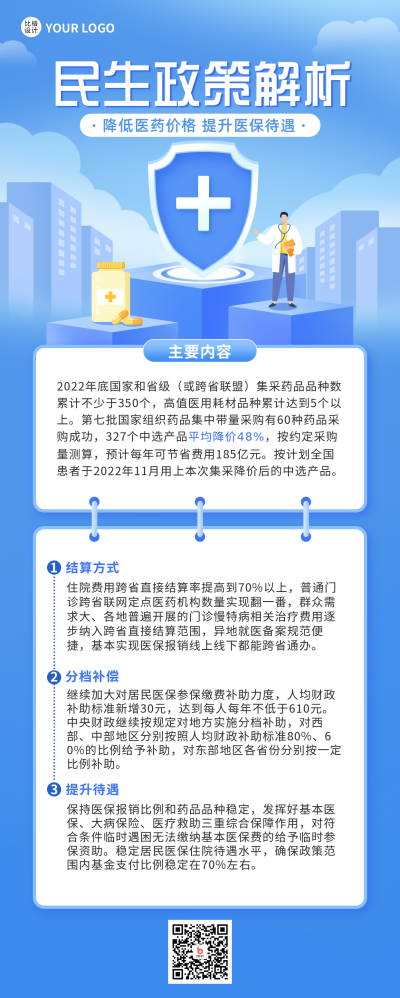 蓝色手绘扁平风民生政策长图海报 模板ID:39135