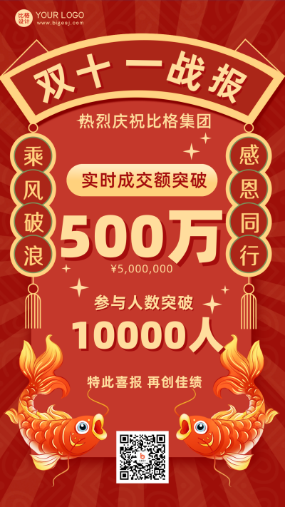 红色喜庆中国风双十一销售战报手机海报 模板ID：40721