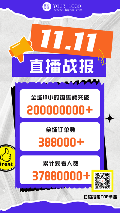 双十一促销直播活动业绩战报手机海报 模板ID:41666