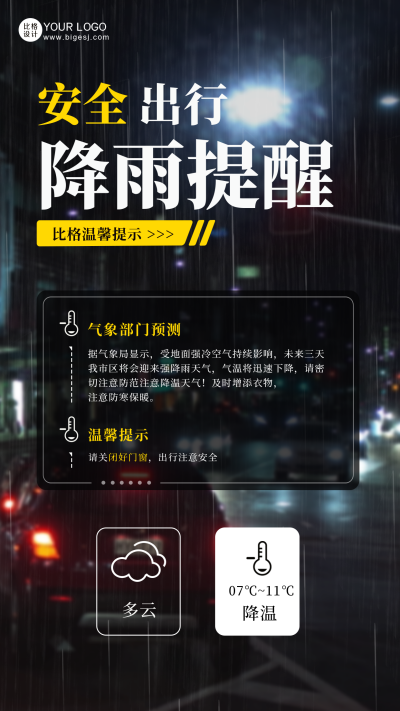 降温降雨提醒宣传手机海报 模板ID：45773
