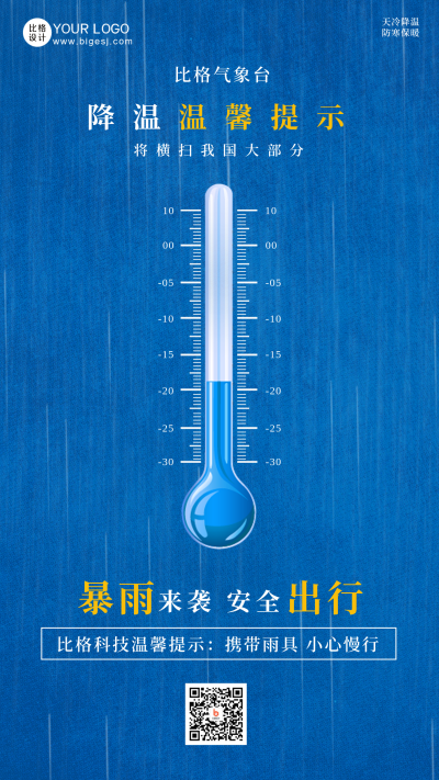 温度计降温提醒宣传手机海报 模板ID:45772