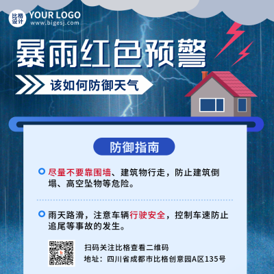 暴雨注意事项天气防御指南方形海报 模板ID:45920
