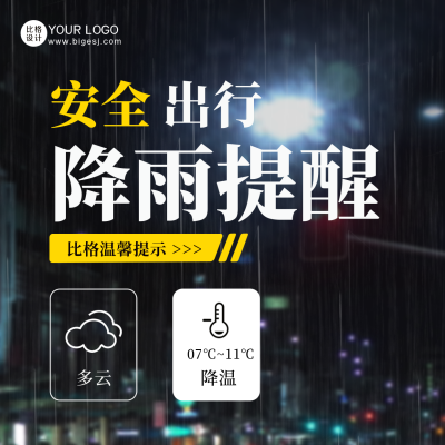 天气降雨注意事项提醒方形海报 模板ID:45934