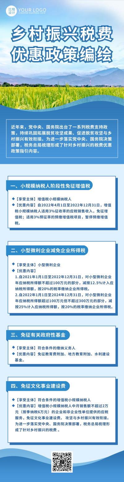 蓝色简约商务乡村振兴税费长图海报 模板ID：46148