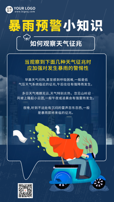 蓝色简约风天气类暴雨预警手机海报 模板ID：48945