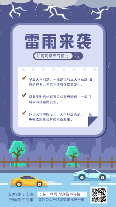 紫色手绘风雷雨来袭科普手机海报 模板ID：49722
