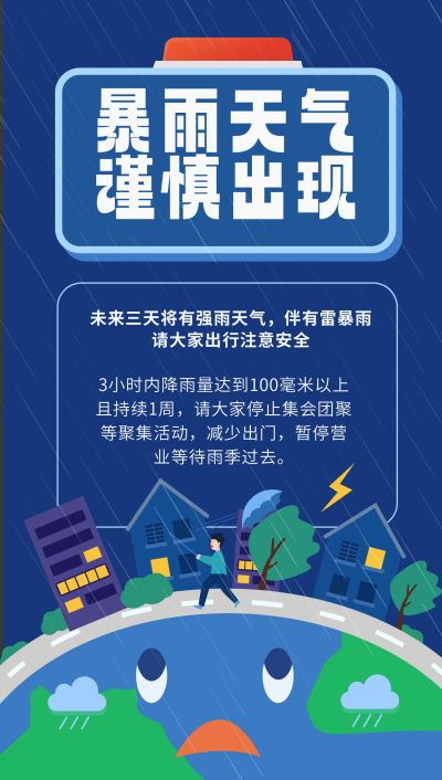 蓝色手绘风暴雨天气宣传手机海报 模板ID：49402