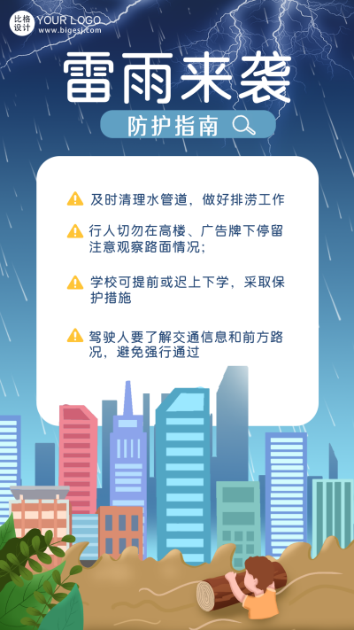 蓝色手绘风暴雨雷电天气宣传手机海报 模板ID：49396
