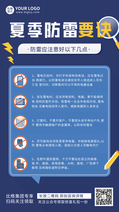 蓝色手绘风防雷宣传手机海报 模板ID：49391