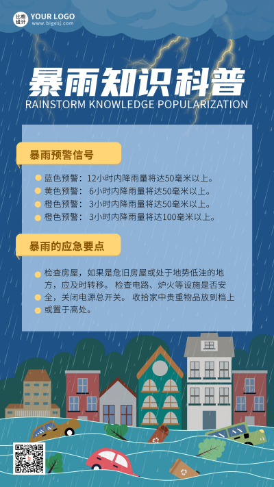 蓝色手绘风暴雨预警宣传手机海报 模板ID:49390