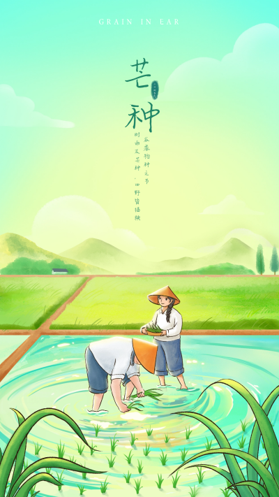 绿色手绘芒种手机海报 模板ID：51900