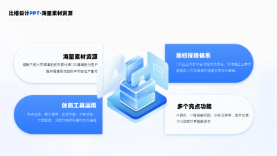 蓝色科技3d元素四项关系并列PPT单页 模板ID：53884