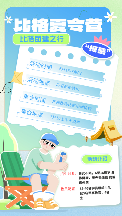 黄色手绘风夏令营宣传手机海报 模板ID：54409