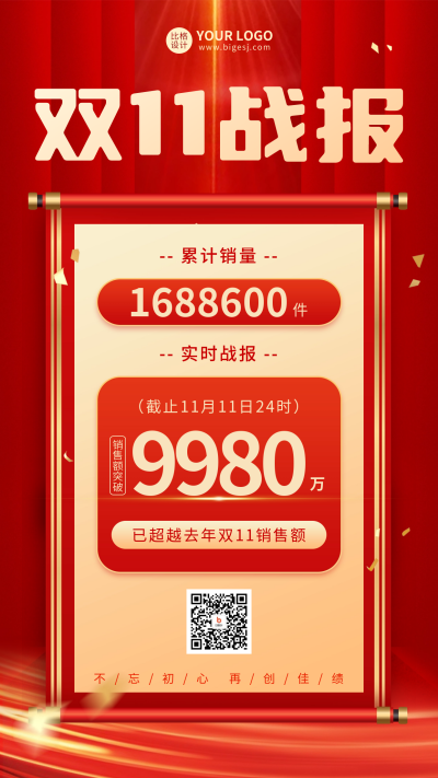 双十一销售战报海报 模板ID:58669