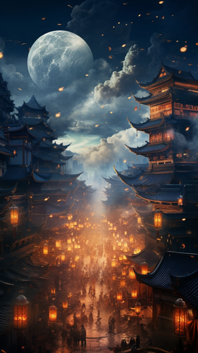 古代楼榭晚安日签手机壁纸 模板ID：58864