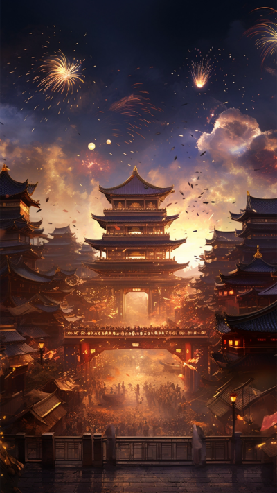 古代楼榭晚安日签手机壁纸 模板ID：58865