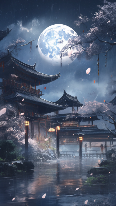 古代楼榭晚安日签手机壁纸 模板ID：58862