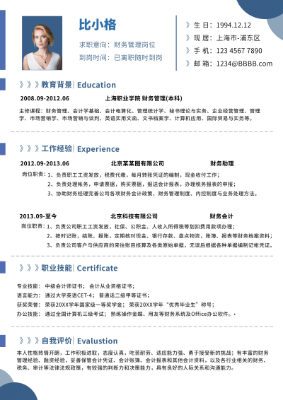 财务管理岗位求职简历 模板ID:59379