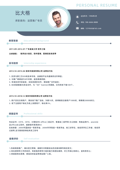 运营推广岗位面试简历 模板ID:59365
