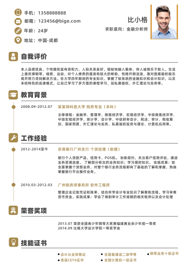 金融分析师求职简历 模板ID:59353