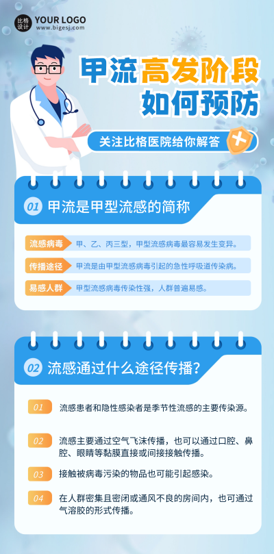 流感科普注意事项长图海报 模板ID：60300