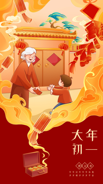 新年正月初一拜大年宣传海报 模板ID:62249