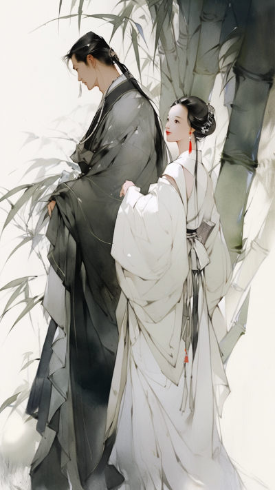 绿色中国风人物插画手机壁纸 模板ID:66220
