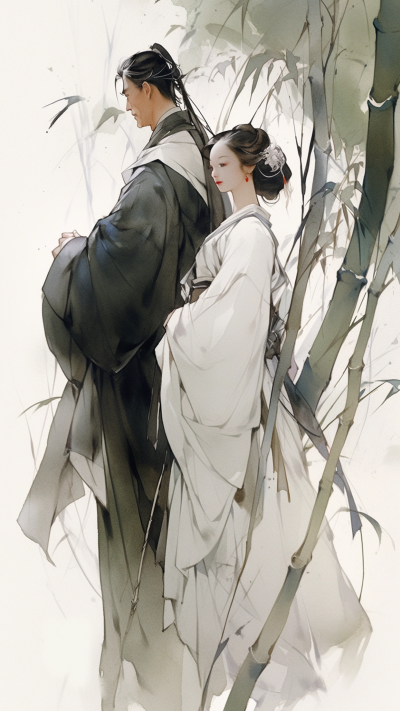 黑色中国风人物插画手机壁纸 模板ID:66222
