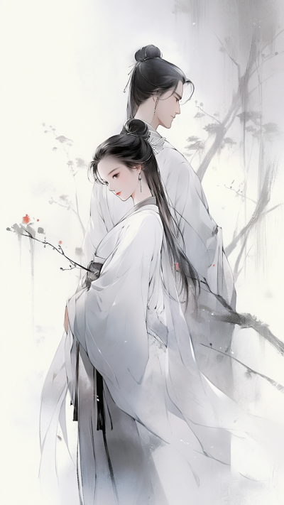 灰色中国风人物插画手机壁纸 模板ID:66218