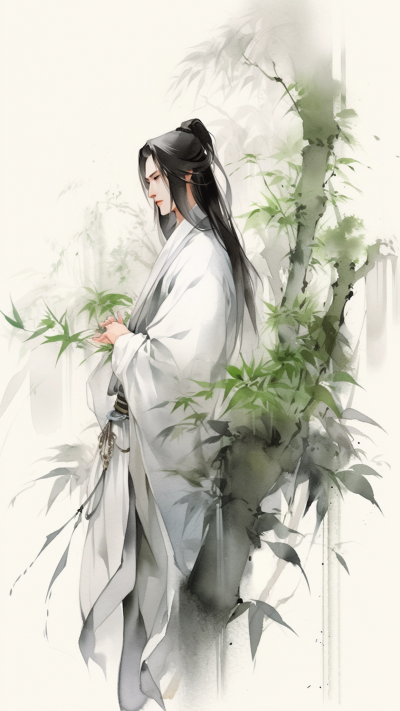绿色中国风男生插画手机壁纸 模板ID：66248
