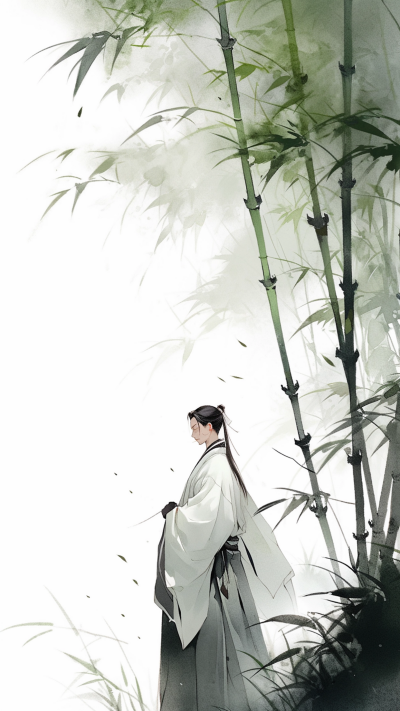 绿色中国风男生插画手机壁纸 模板ID：66249