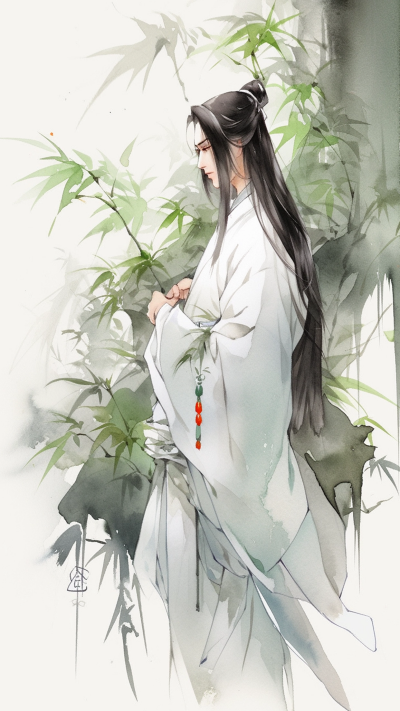 绿色中国风男生插画手机壁纸 模板ID：66247
