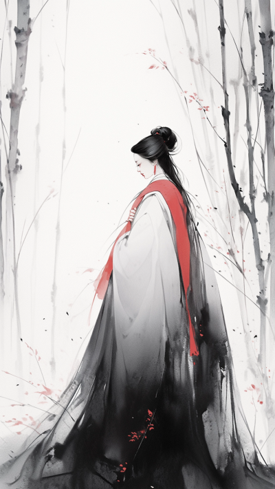 黑色中国风女生插画手机壁纸 模板ID：66252