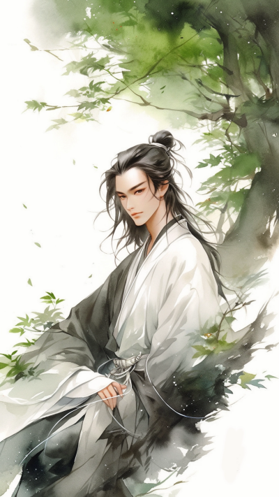 绿色中国风男生插画手机壁纸 模板ID：66246