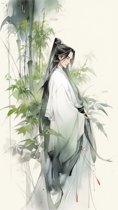 绿色中国风男生插画手机壁纸 模板ID：66243