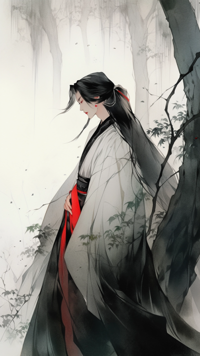 黑色中国风女生插画手机壁纸 模板ID：66240