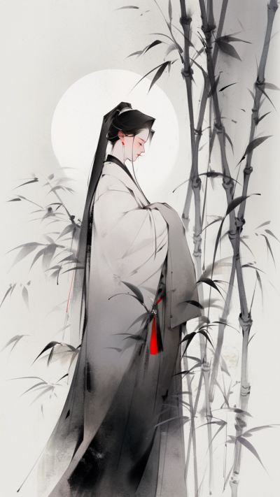 黑色中国风女生插画手机壁纸 模板ID：66241