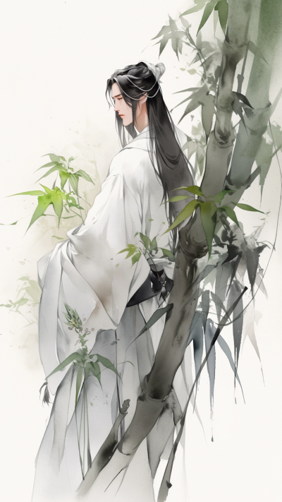 绿色中国风男生插画手机壁纸 模板ID：66239