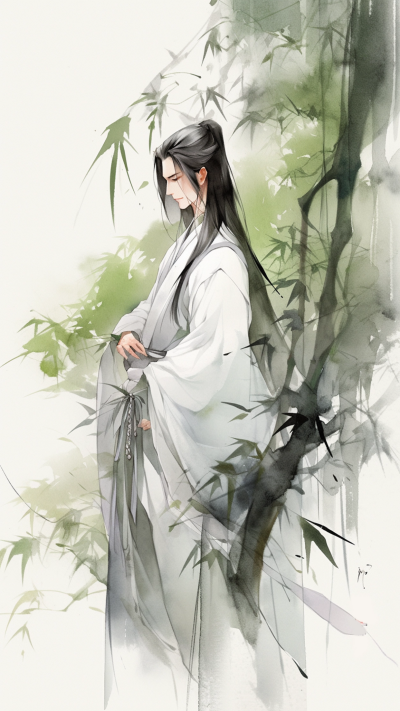 绿色中国风男生插画手机壁纸 模板ID：66238