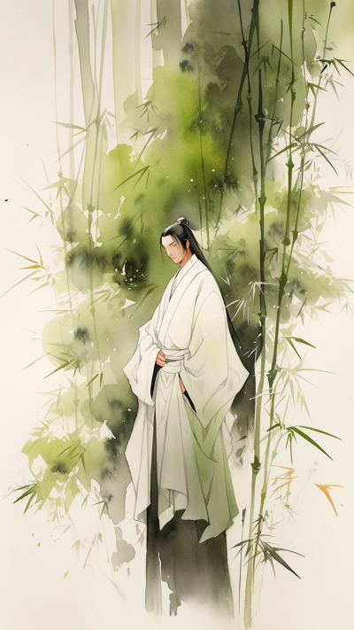 绿色中国风男生插画手机壁纸 模板ID：66237