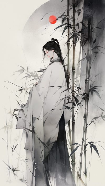 黑色中国风女生插画手机壁纸 模板ID：66236