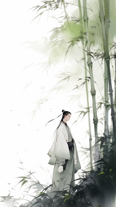 绿色中国风男生插画手机壁纸 模板ID：66233