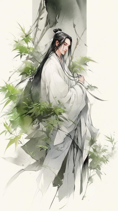 绿色中国风男生插画手机壁纸 模板ID：66232